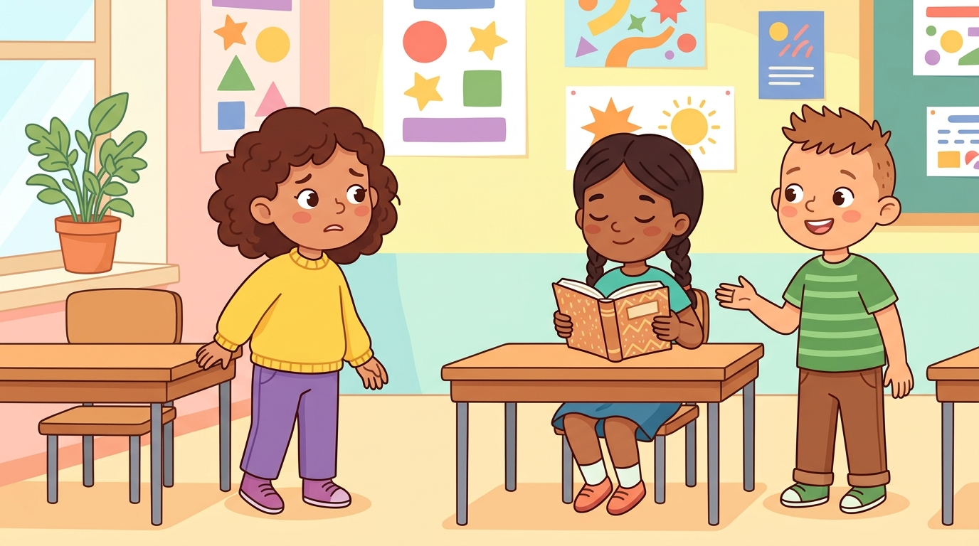 Nora looking a little worried near a desk, watching a classmate read a book, while Leo stands nearby smiling and gesturing encouragingly